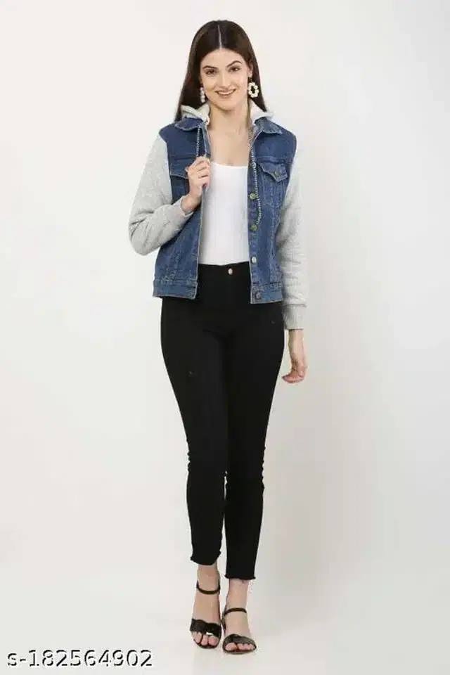 Denim Solid Full Sleeves Jacket for Girls (Navy Blue & Grey, 8-9 Years)