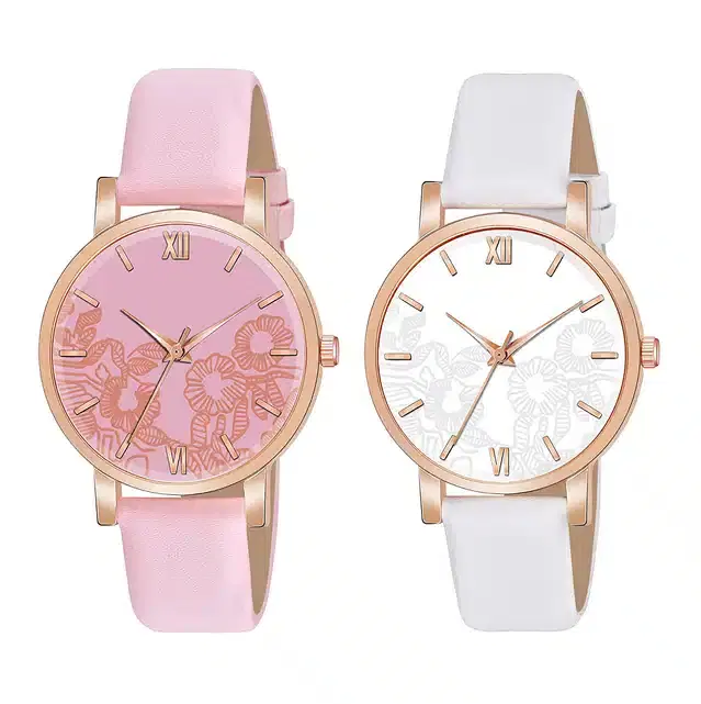 Designer Leather Analog Watch for Women & Girls, Pack of 2 (White & Pink)