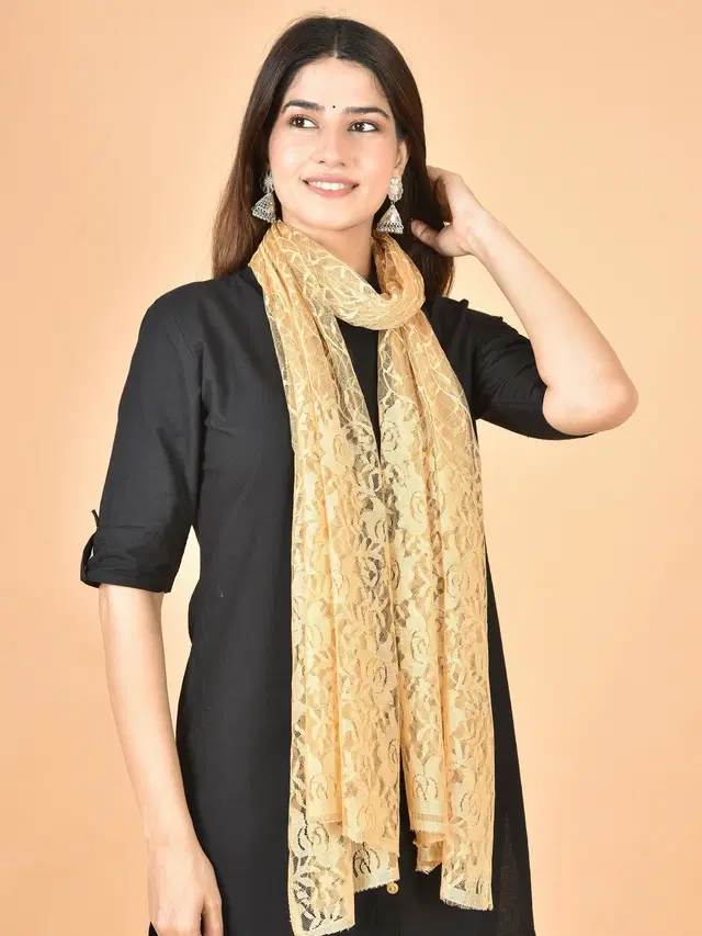 Net Self-Design Dupatta for Women (Beige, 2.2 m)