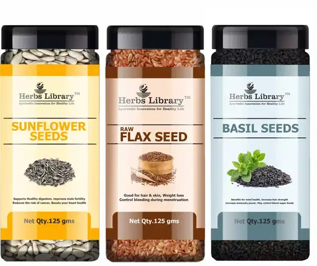 Herbs Library Sunflower Seeds, Raw Flax Seeds and Basil Seeds, Pack of 3, 125 g