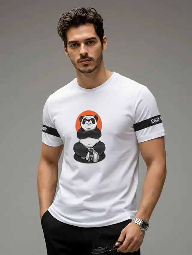 Polyester Printed T-shirt for Men, White (XL)