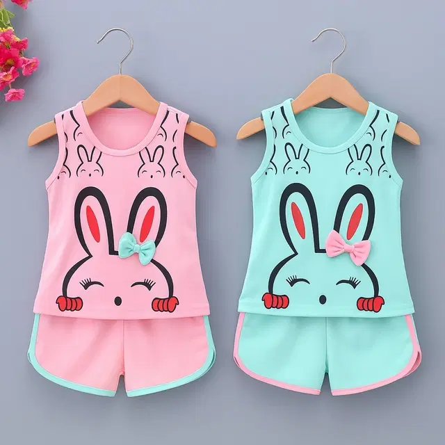 Hosiery Cotton Printed Clothings Set for Girls, Pack of 2, Pink & Sea Green (0-6 Months)