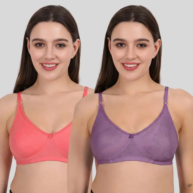 Cotton Bra for Women, Pink & Purple, Pack of 2 (28B)