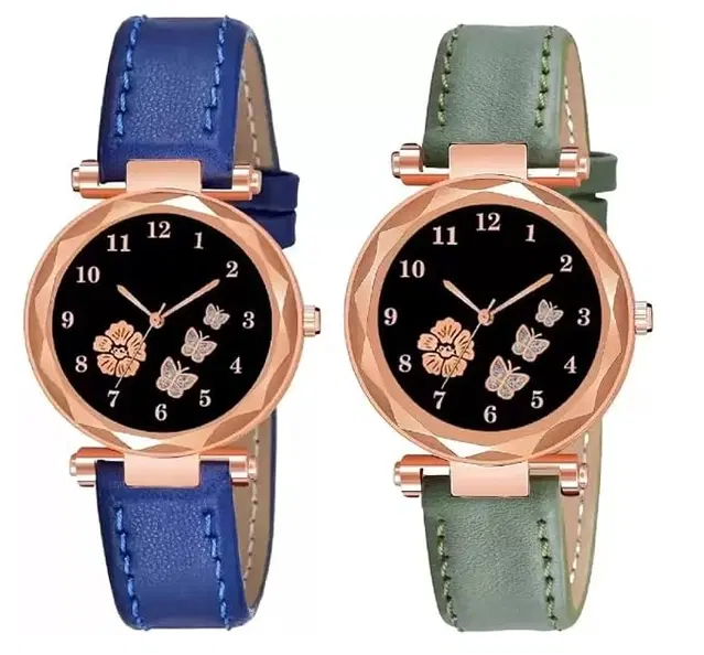 Multicolor Syntetic Leather Watch Combo for Women and Girls (Pack of 2)