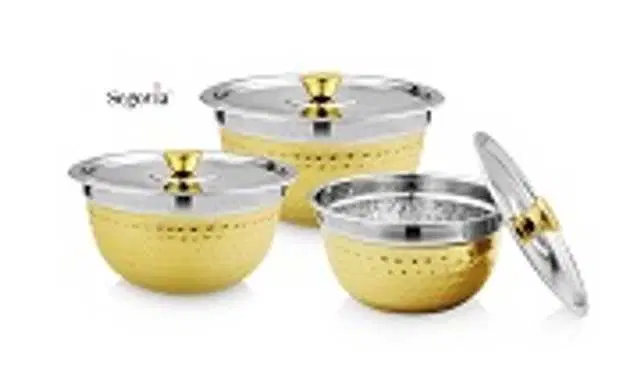 Segovia Vegus Hammered Stainless Steel Gold Colored Serving Bowl With Lid, Pack Of 3, S-29