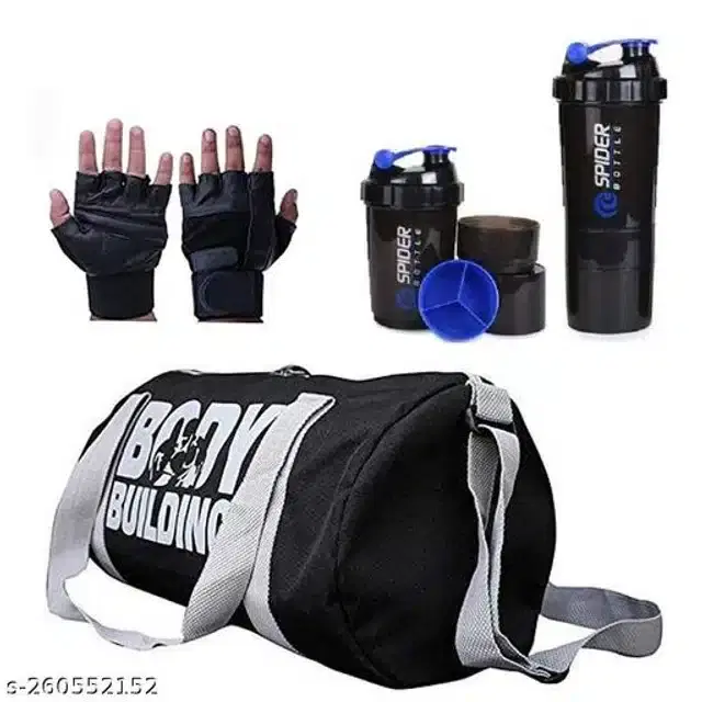 Combo of Gym Bag with Shaker Bottle, 400 ml, Gloves, Multicolor, Set of 3