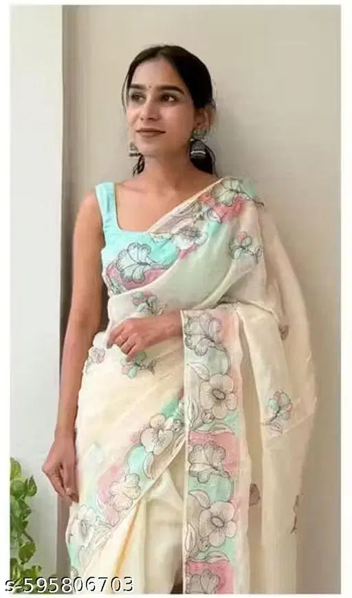 Embroidered Floral Chanderi Saree (Beige, Free Size)