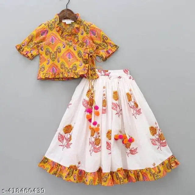 Rayon Lehenga with Choli for Girls (Yellow & White, 3-4 Years)