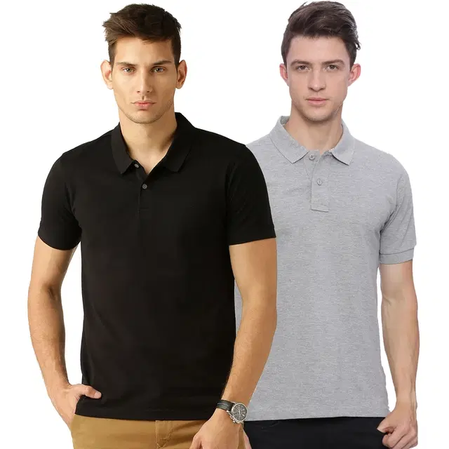 Polo Neck Solid Pack of 2 T-shirts for Men (Multicolor, S)