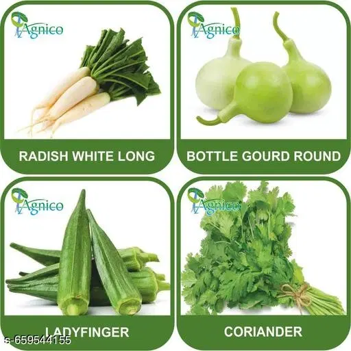4 Vegetable Seeds Combo With Instruction Manual(Radish White Long/Bottle Gourd Round/Lady Finger/Coriander)