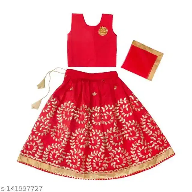 Taffeta Silk Lehenga with Choli & Dupatta for Girls (Red, 5-6 Years)