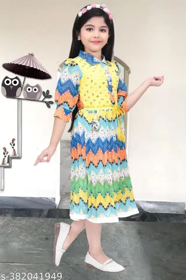 Cotton Blend Frock for Girls (Multicolor, 5-6 Years)