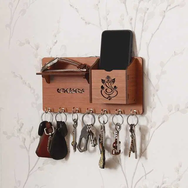 Wood Ganesh Design Mobile & Key Holder For Home Decor, Brown, NC-010