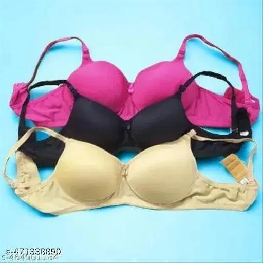 Cotton Solid Bra for Women & Girls, Multicolour, Pack of 3 (28A)