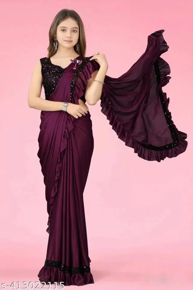Solid Fancy Saree for Girls with Blouse (Wine, 4-5 Years)