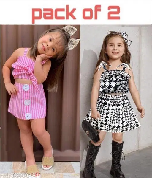 Rayon Slub Printed Clothing Set for Girls, Pink & Black, Pack of 2 (18-24 Months)