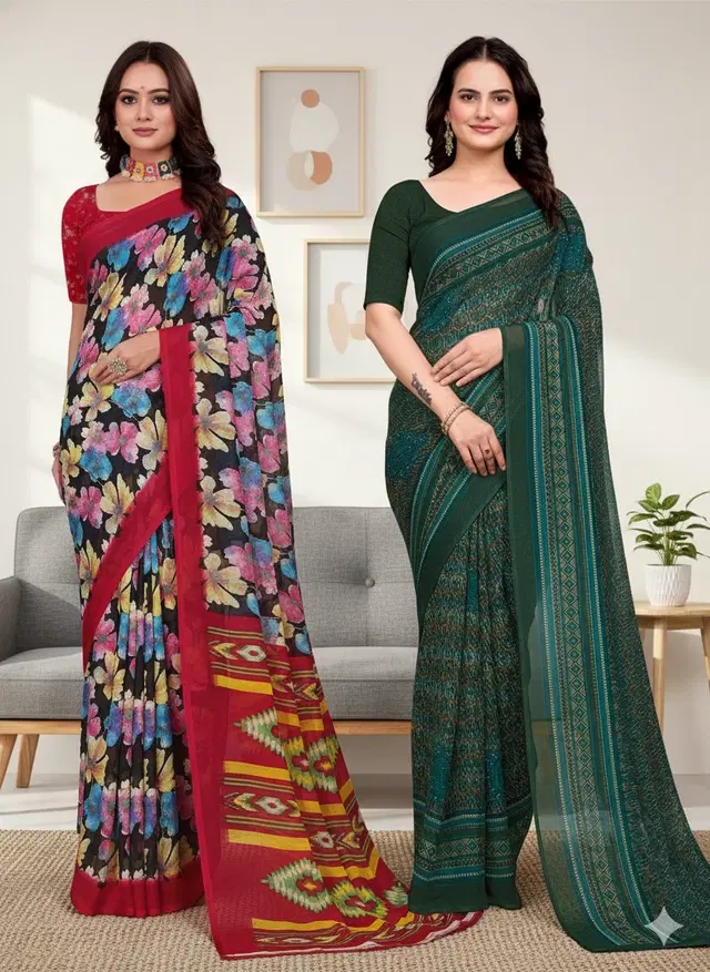 Georgette Printed Saree for Women, Multicolor, Pack of 2 (6.3 m)