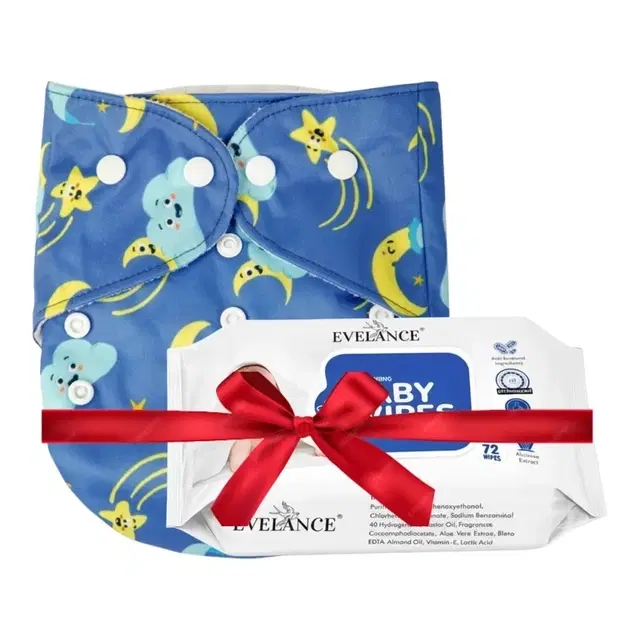 Bumpers Organic Cloth Diaper (Royal Blue) Free Size + Evelance Baby Wipes - 72 Wipes