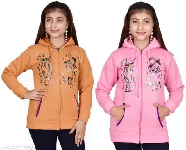 Woolen Full Sleeves Hooded Sweatshirts for Girls, Pack of 2 (Orange & Light Pink, 11-12 Years)