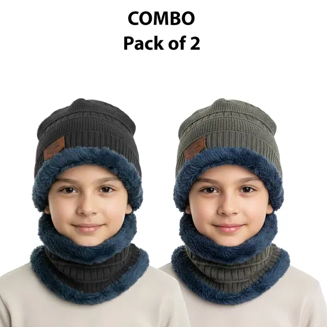 Woolen Solid Cap with Neck Wramer for Kids, Pack of 2, Multicolor