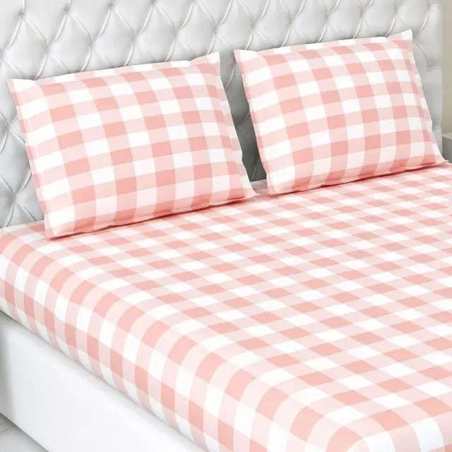 Haus & Kinder Fitted Cotton Geometric Bedsheets King Size, 100% Cotton, 186 Tc, Elastic Bedsheet Fitted For Double Bed, Cottage Core Blush Bed Sheet