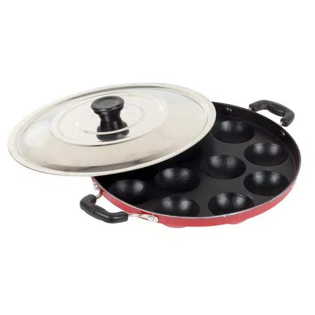 ZODEX 12 Cavities Non Stick Appam Patra with Lid and Side Handle, Multicolor, 21 cm