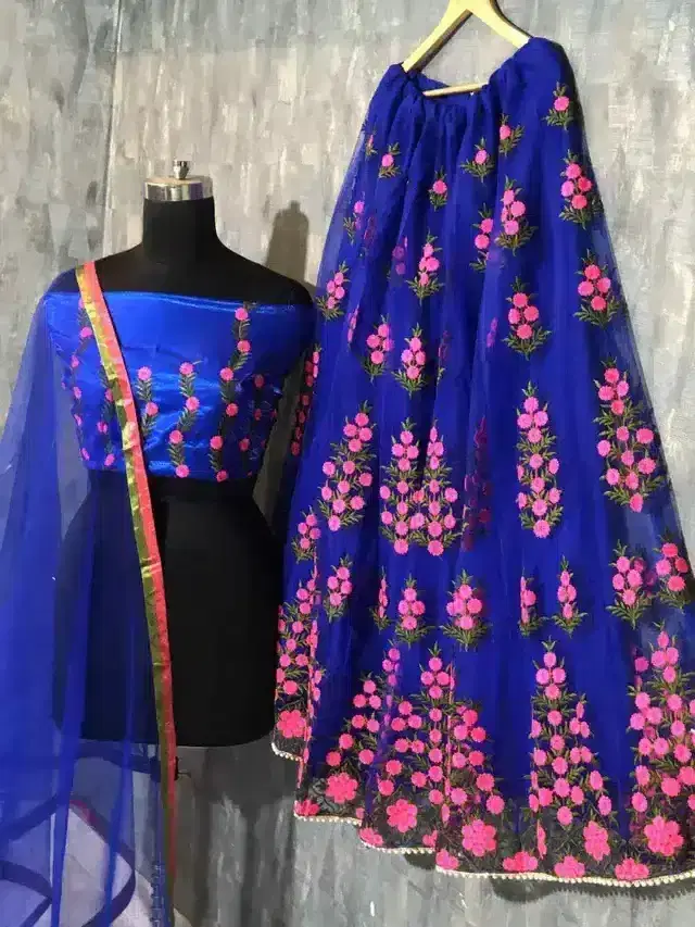 Poshvariety Designer Acrylyc Lehenga Choli With Dupatta (Unstitched) (Royal Blue) (P-015)