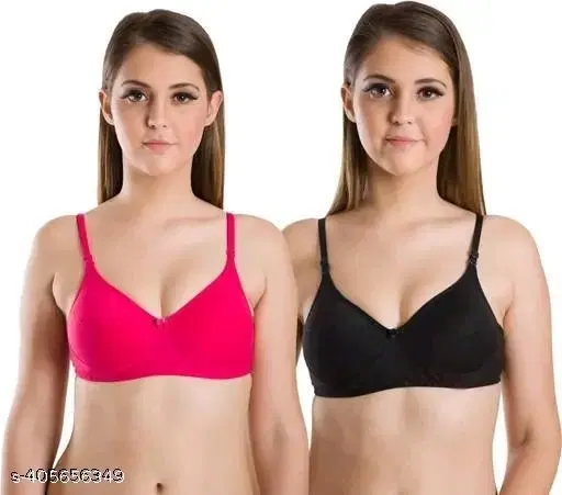 Cotton Solid Bra for Women & Girls, Red & Black, Pack of 2 (30B)