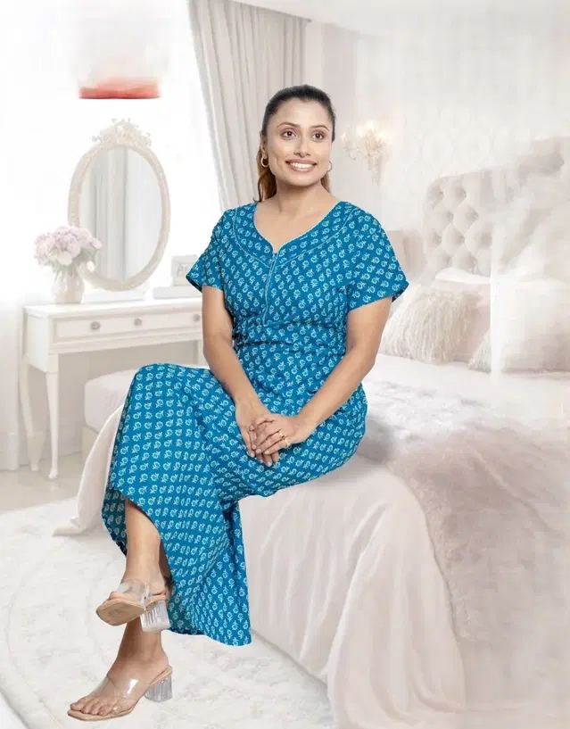 100% Cotton Printed Nightdress for Women, Blue (Free Size)