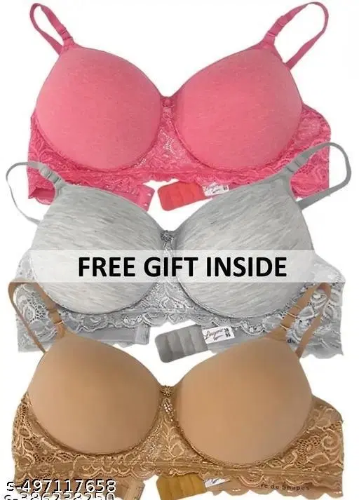Cotton Blend Solid Bra for Women & Girls, Multicolour, Pack of 3 (32B)