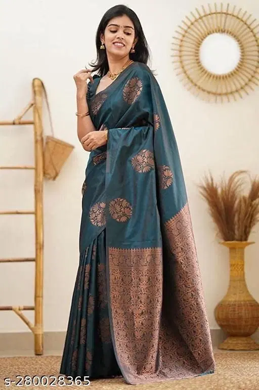Banarasi Silk Blend Jacquard Saree for Women (Teal, Free Size)