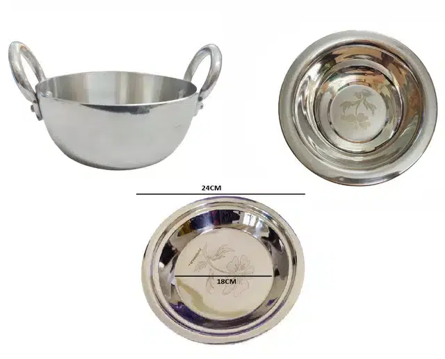 Aluminium Kadhai with Stainless Steel Basin & Parat, Silver, Set of 3
