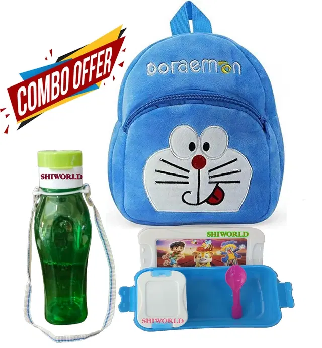 Combo of Fabric School Bag, Water Bottle with Lunch Box for Kids, Multicolor, Set of 3