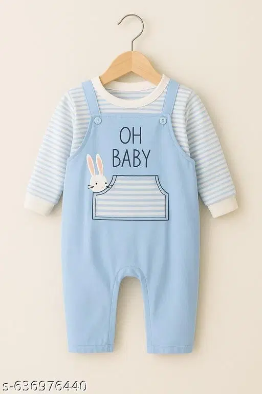 Hosiery Cotton Printed Clothing Set for Kids, Blue & Beige (0-3 Months)