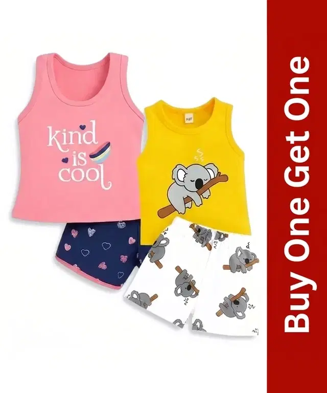 Cotton Blend Printed Clothing Set for Boys, Buy 1 Get 1, Peach & Blue & Yellow & White, 18-24 Months