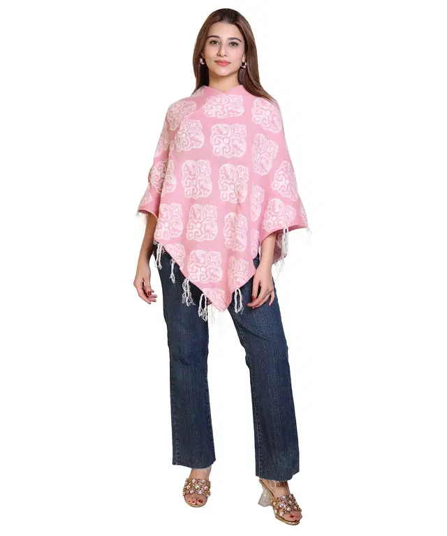 Woolen Self-Design Ponchos for Women (Pink, M)