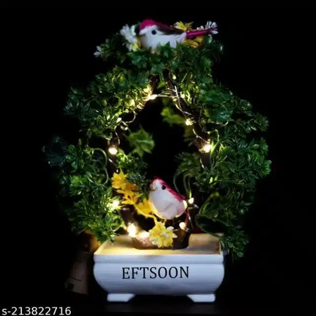 Artificial Bonsai Plant with Sparrow & Light, Green, 28 cm