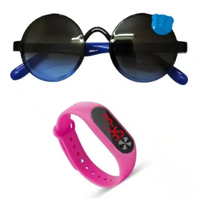 UV Protected Sunglass with Digital Watch for Boys & Girls, Set of 2 (Blue & Pink)