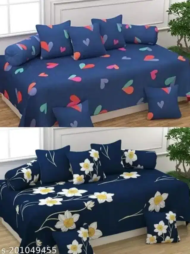 Polycotton Diwan Cover Set, Blue & Navy Blue, Combo of 2