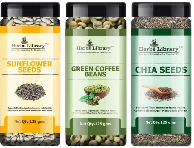 Herbs Library Sunflower Seeds, Green Coffee Beans and Chia Seeds, Pack of 3, 125 g