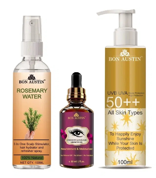 Bon Austin Rosemary Hair Spray, 100 ml with Eyebrow & Eyelash Growth Oil, 30 ml, UVA & UVB Protection Sunscreen Lotion, 100 ml, Set of 3