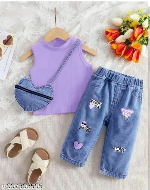 Hosiery Cotton & Denim Printed Clothing Set for Kids, Lavender & Blue (0-3 Months)