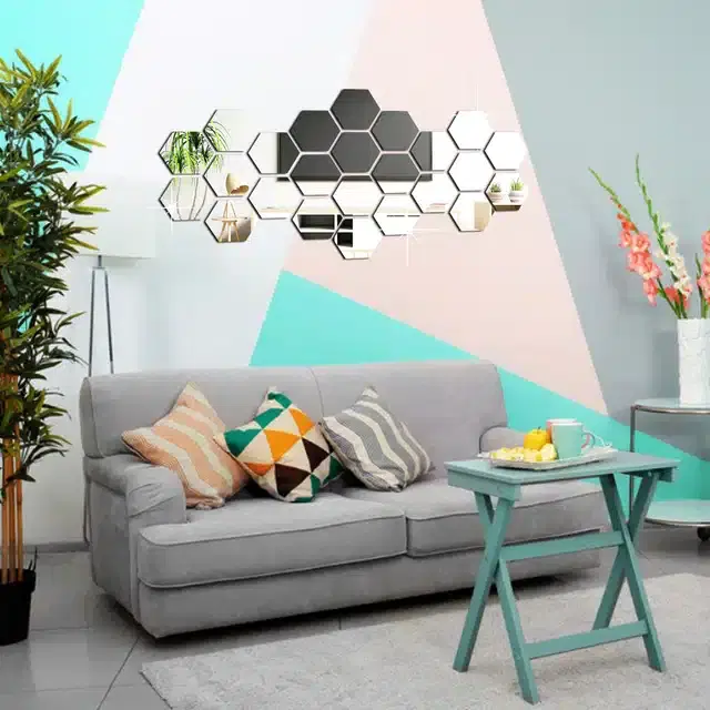 Acrylic Hexagon Shaped Wall Mirror Stickers, Silver, Pack of 24
