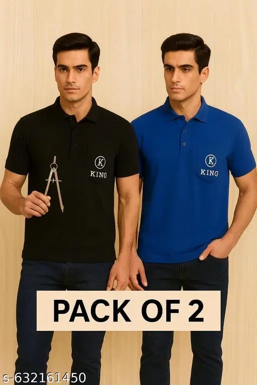 Cotton Blend Printed T-shirt for men, Black & Blue (M) Pack of 2