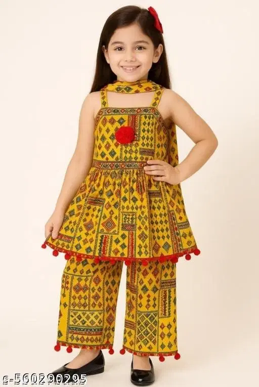 Printed Cotton Kurta Set for Girls (Yellow, 11-12 Years)