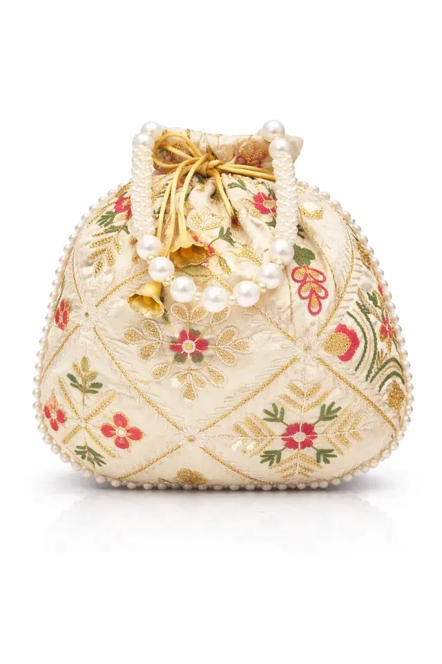 Handcrafted Embroidered Silk Potli Bag, Cream