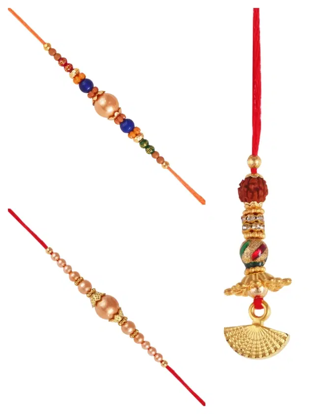 Designer Rakhi with Pearls Lumba for Rakshabandhan, Multicolor, Pack of 3