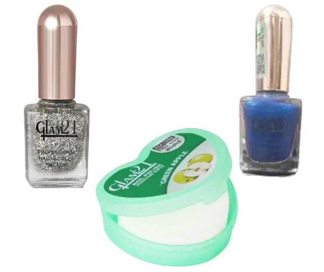 Combo of Glam21 Nail Polish, 2 Pcs with Nail Polish Remover Wipes, Multicolor, Set of 3
