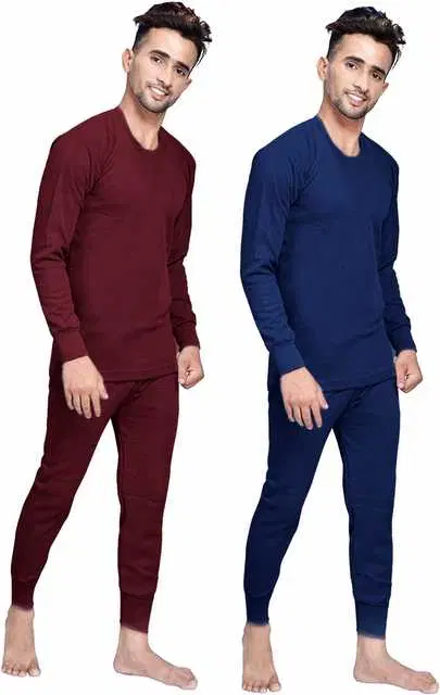 Solid Men Thermal Top & Bottom Set, Set of 2 (Brown & Blue, 80) (FE-29)