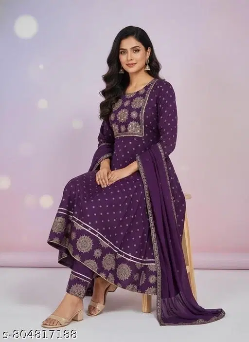 Rayon embroidered Gown Kurta Set for Women ( Purple,XXL )